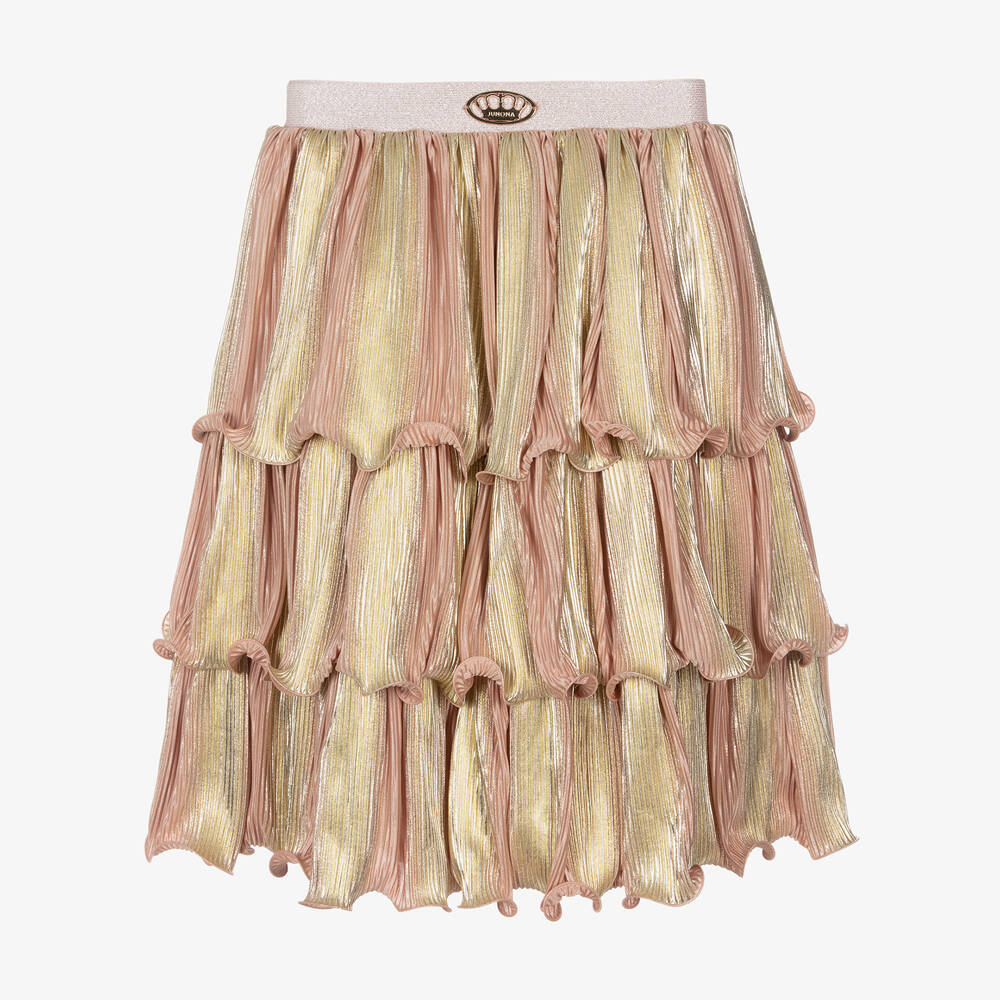 Junona - Girls Pink & Gold Tiered Plissé Skirt | Childrensalon