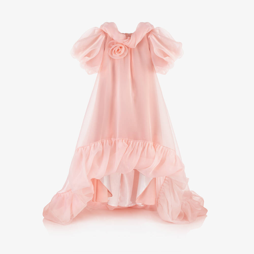 Junona - Girls Pink Organza Rose Maxi Dress | Childrensalon