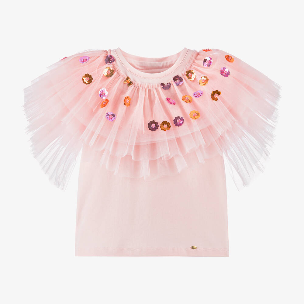 Junona - Girls Pink Sequin Cotton T-Shirt | Childrensalon