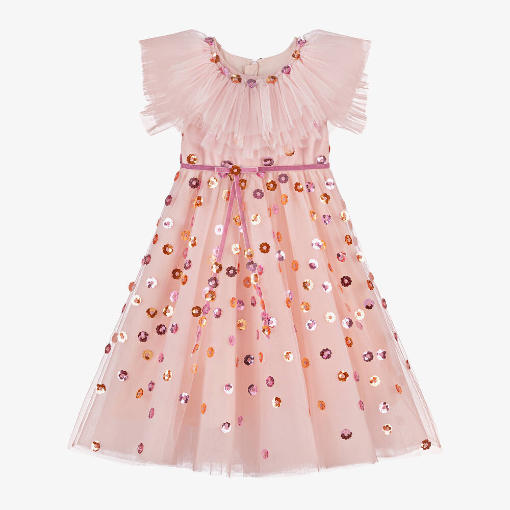 Junona - Girls Pink Sequin Flower Tulle Dress | Childrensalon