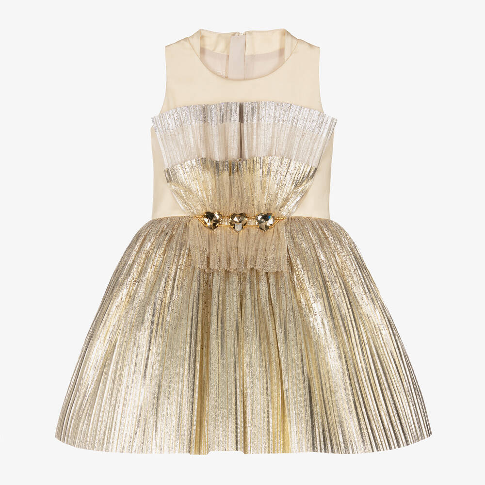 Junona - Girls Pleated Gold Satin Dress | Childrensalon