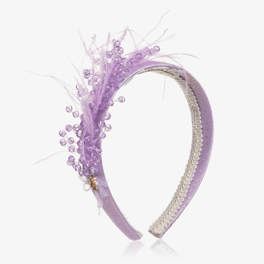 Junona - Girls Purple Feather & Bead Hairband | Childrensalon