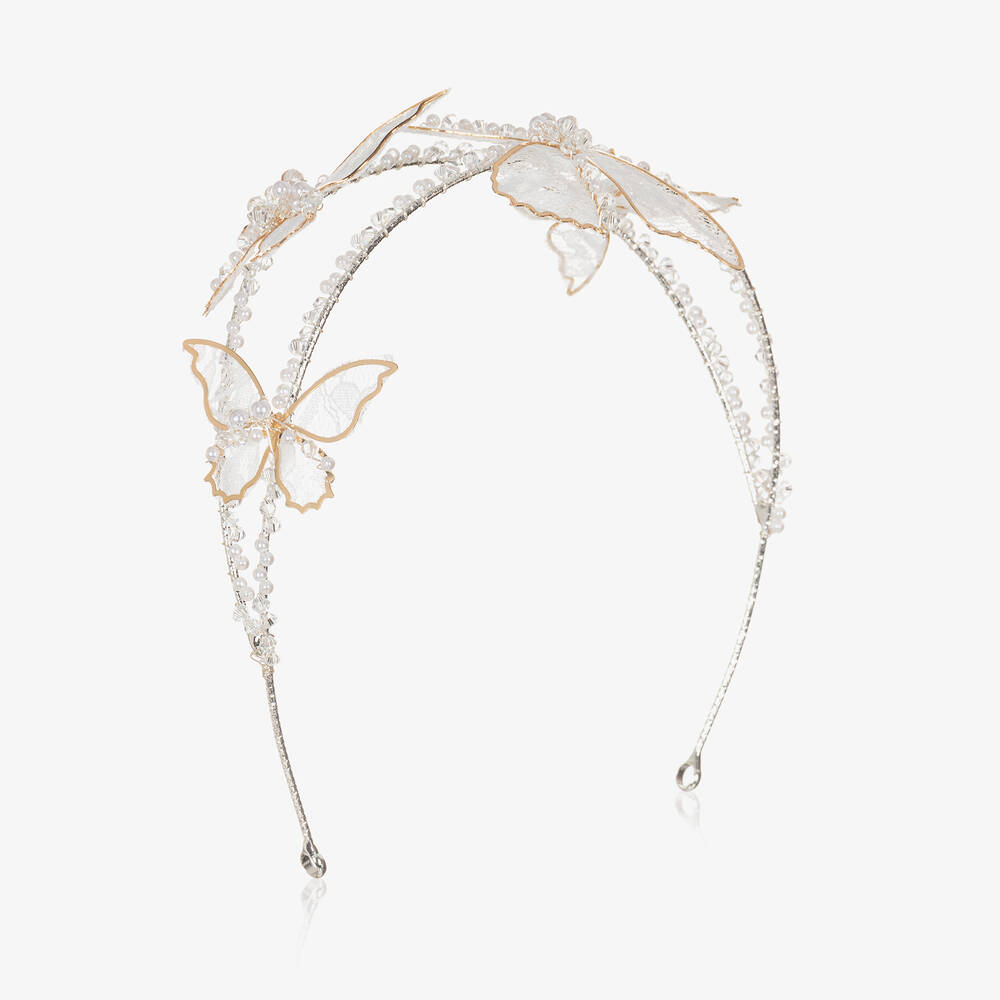 Junona - Girls Silver & Lace Butterfly Hairband | Childrensalon