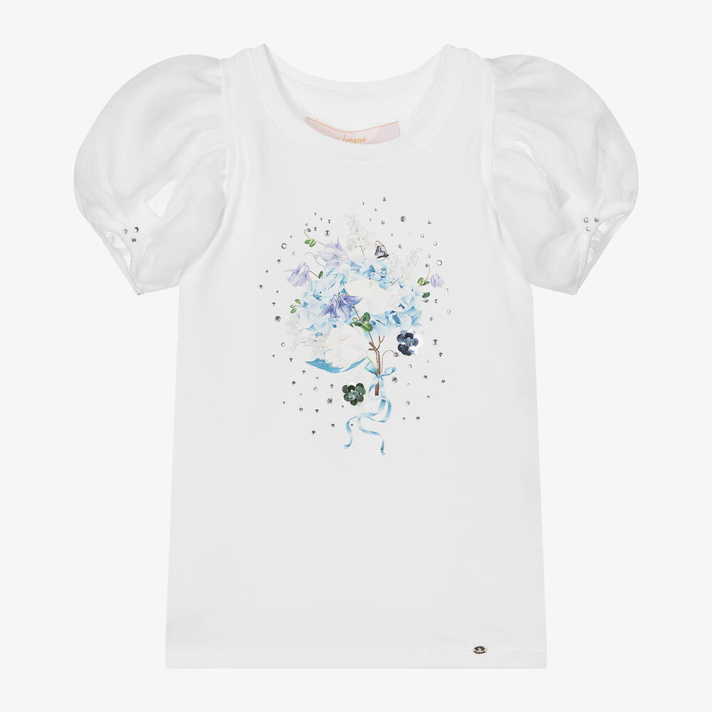 Junona - Girls White Cotton Floral Print T-Shirt | Childrensalon