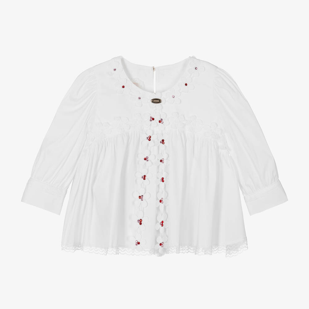 Junona - Белая хлопковая блузка с цветами для девочек | Childrensalon