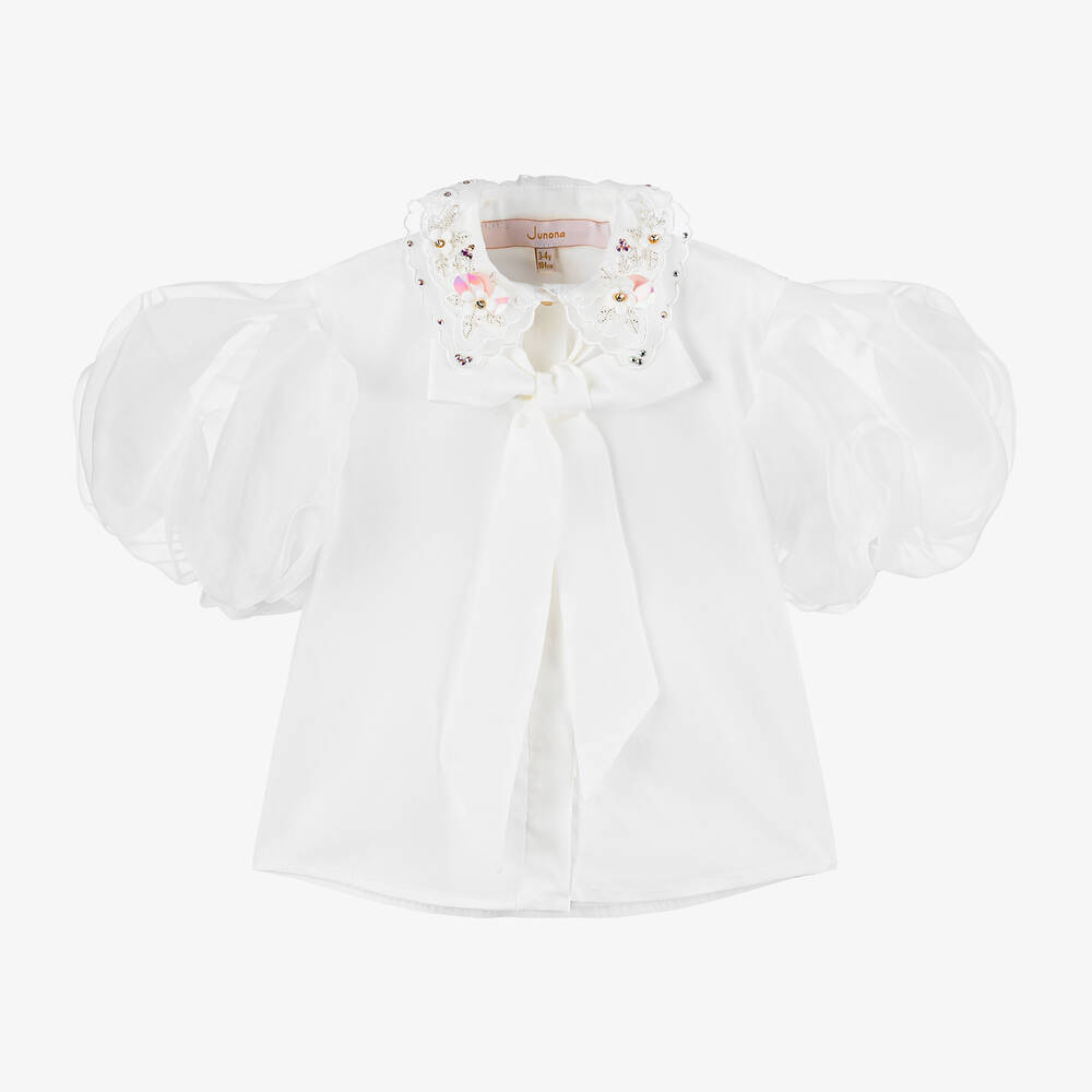Junona - Белая блузка из хлопка и органзы для девочек | Childrensalon