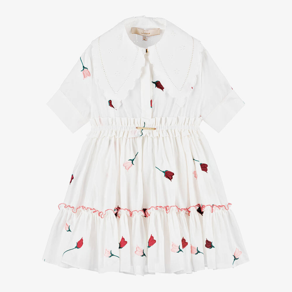 Junona - Girls White Embroidered Cotton Dress | Childrensalon