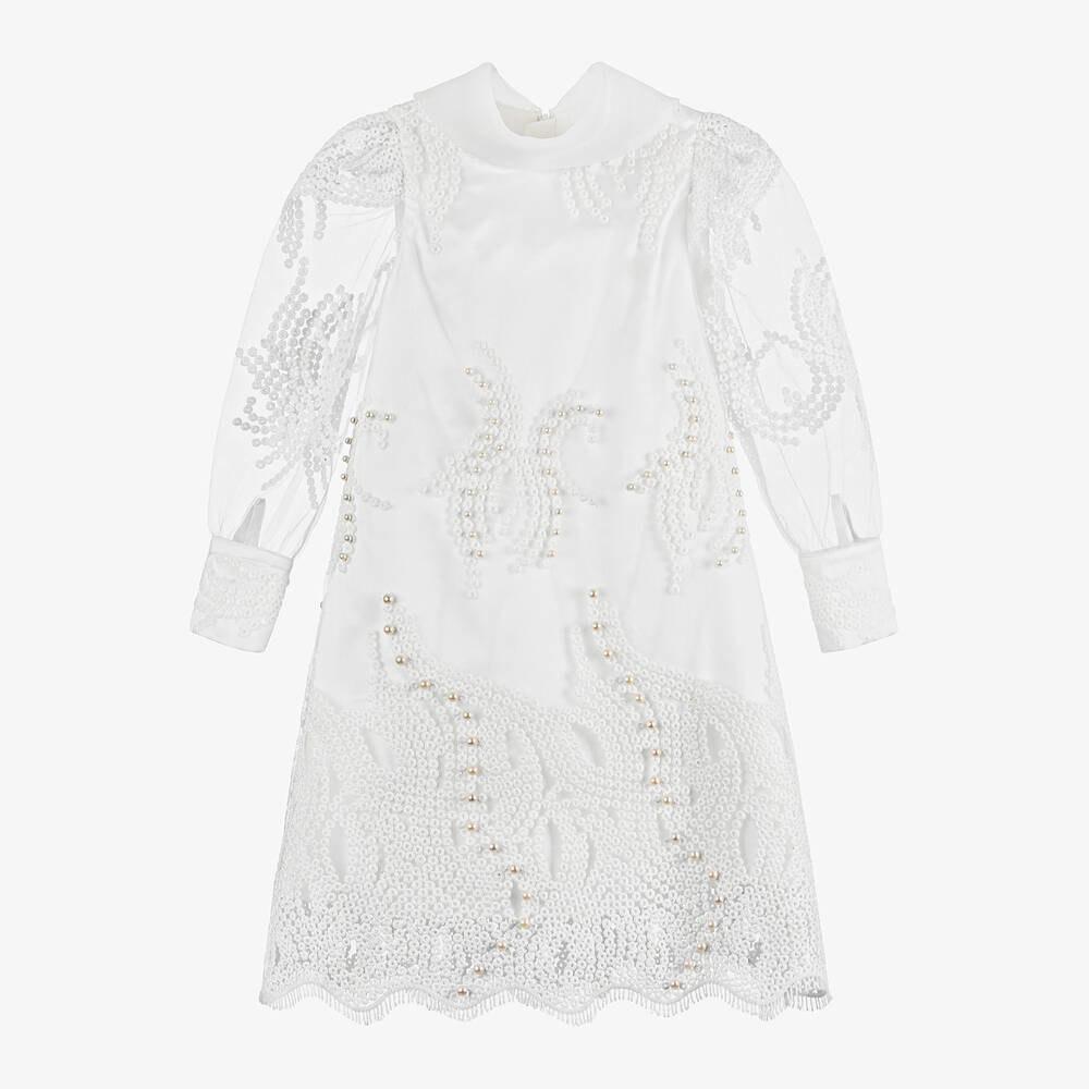 Junona - Girls White Embroidered Tulle Dress | Childrensalon