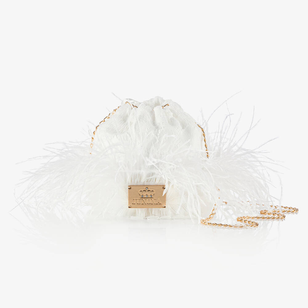 Junona - Girls White Feather Drawstring Bag (12cm) | Childrensalon