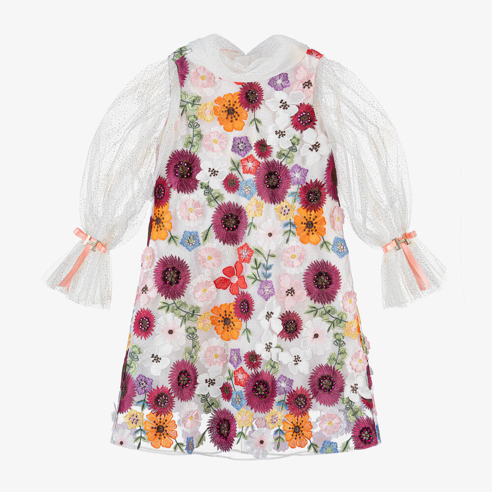 Junona - Girls White Floral Embroidered Tulle Dress | Childrensalon