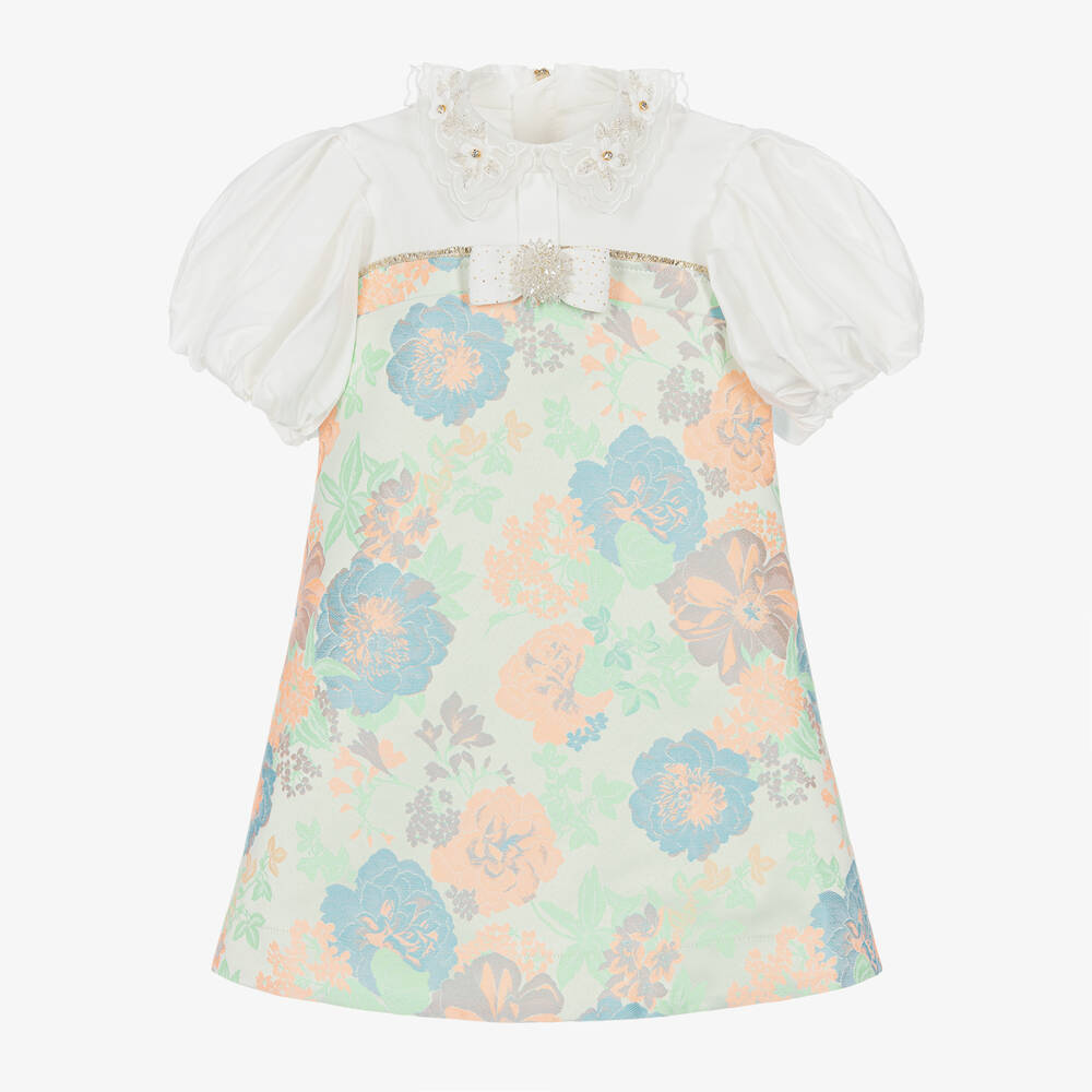 Junona - Girls White Floral Jacquard Dress | Childrensalon