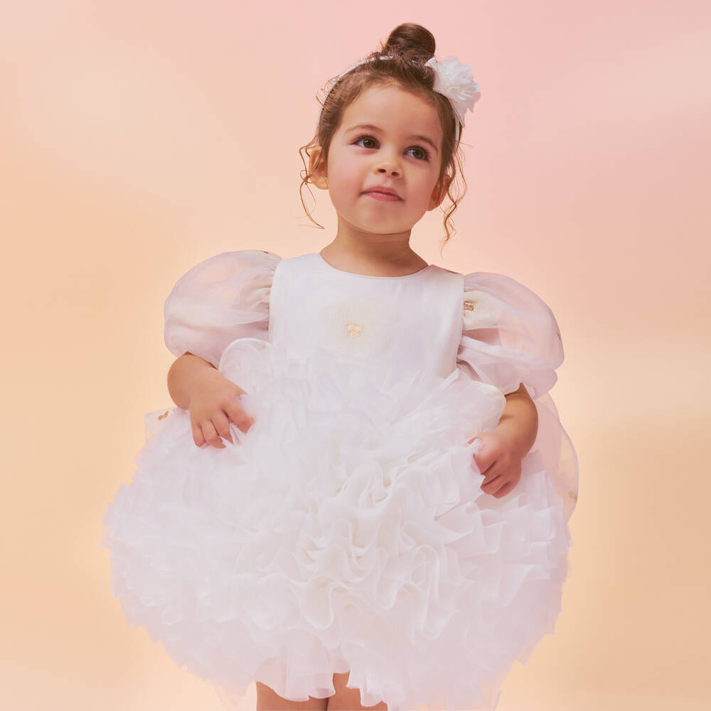 Junona-Robe blanche et dorée en organza fille | Childrensalon