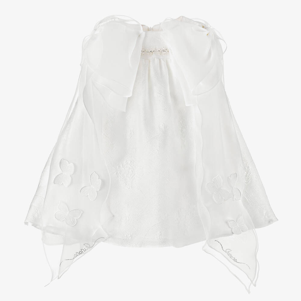 Junona - Girls White Jacquard & Organza Bow Dress | Childrensalon
