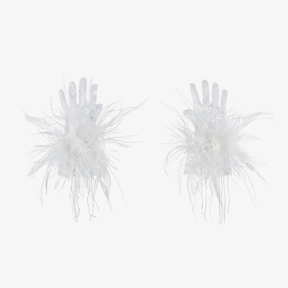 Junona - Girls White Lace & Feather Gloves | Childrensalon