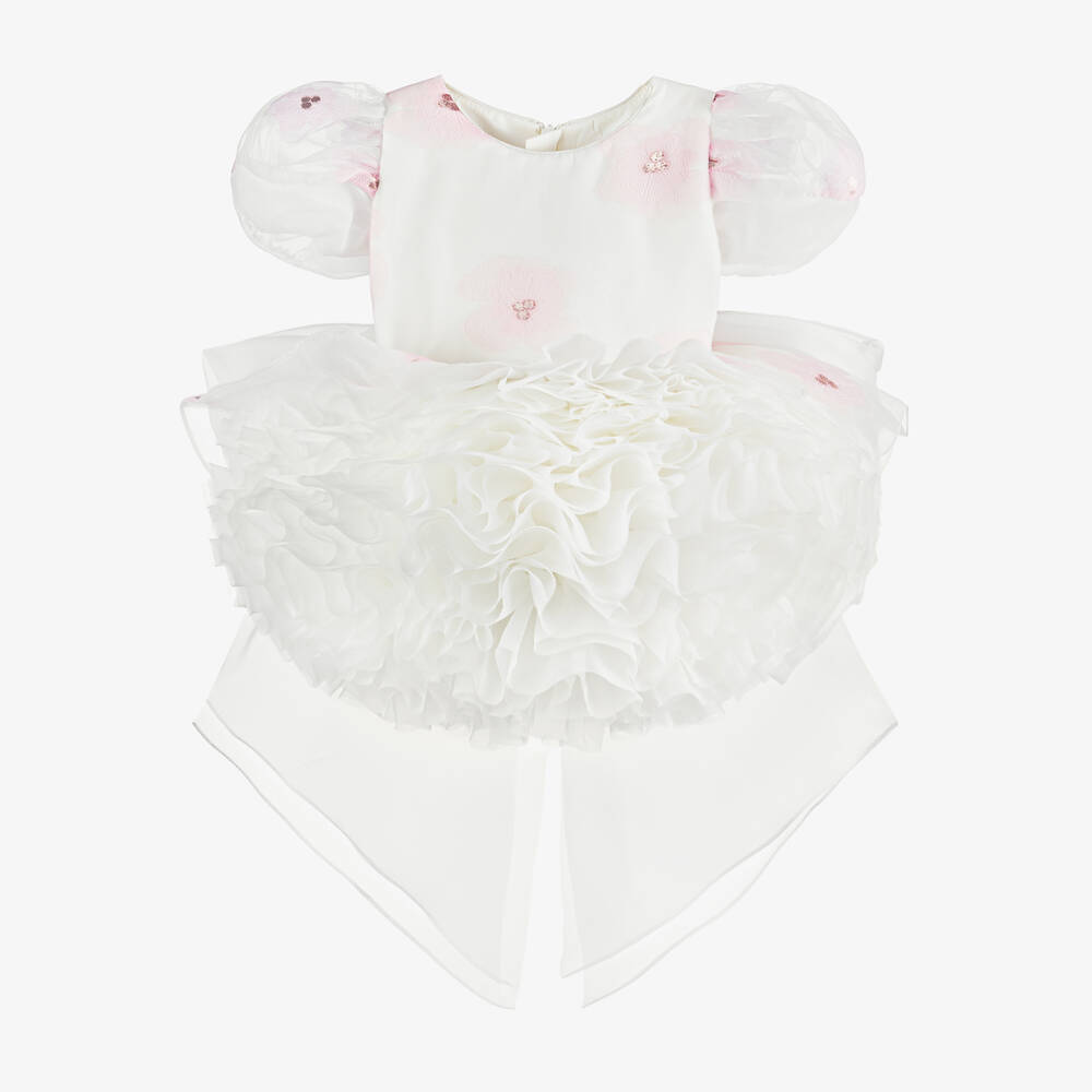 Junona - Girls White & Pink Floral Organza Dress | Childrensalon