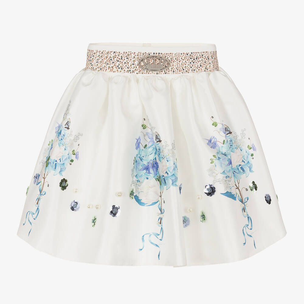 Junona - Girls White Satin Floral Skirt | Childrensalon