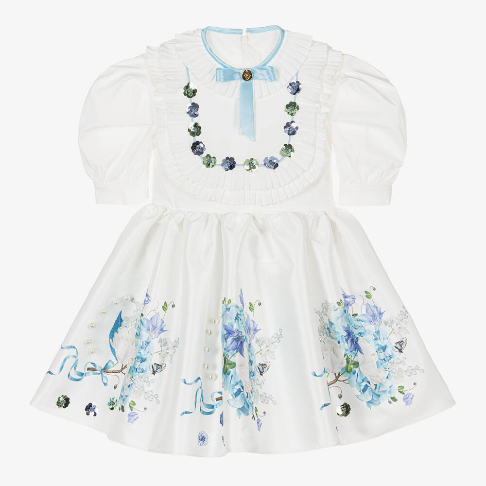 Junona - Girls White Satin Twill Floral Dress | Childrensalon