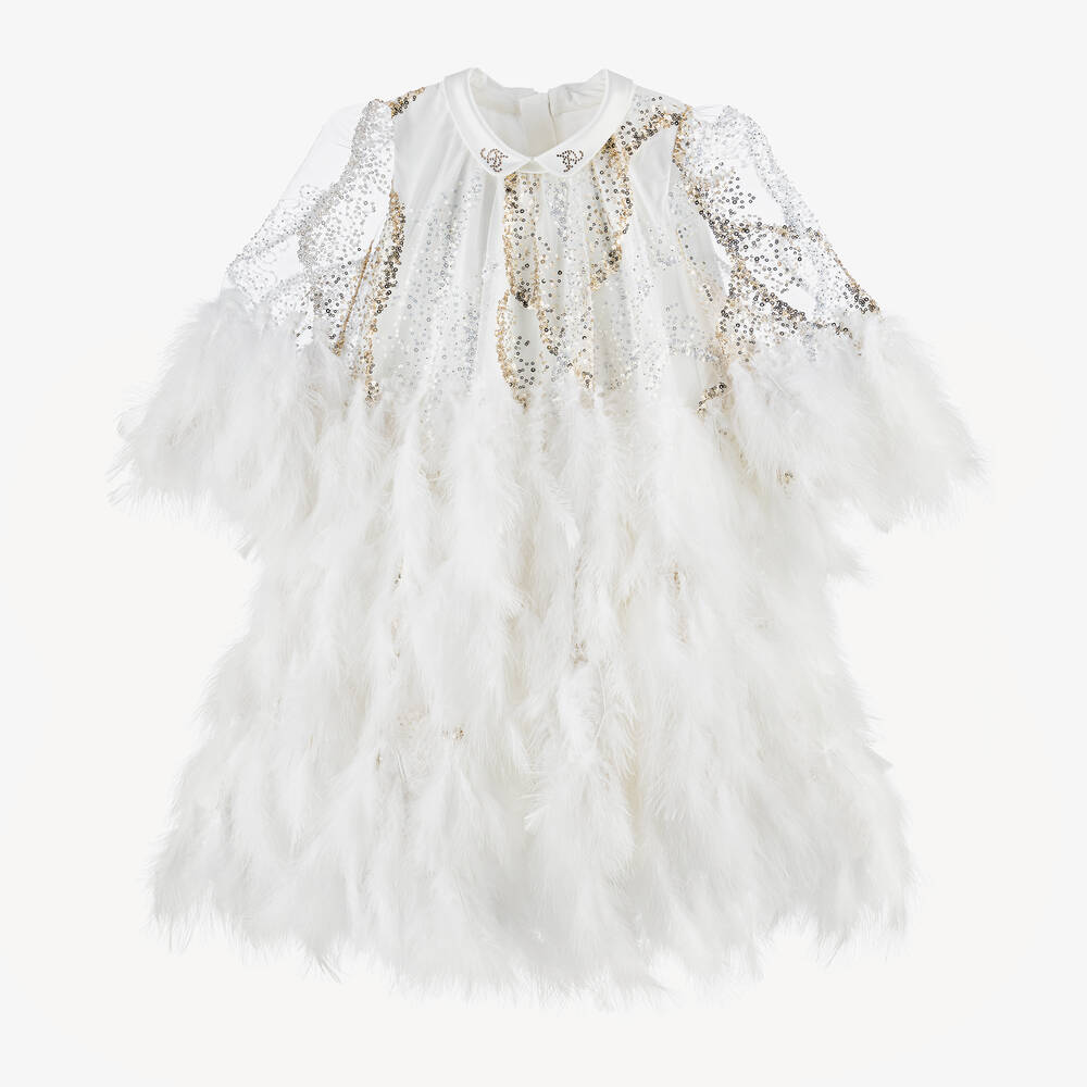 Junona - Girls White Sequin & Feather Dress | Childrensalon