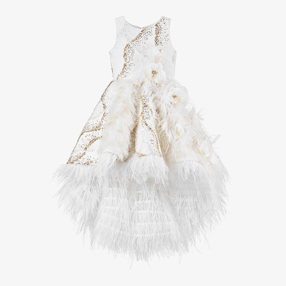 Junona - Белое платье с перьями и пайетками для девочек | Childrensalon
