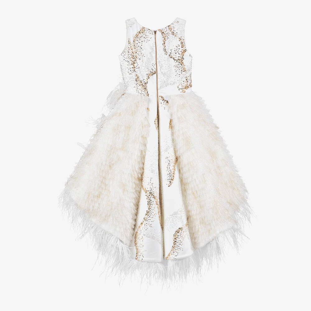 Junona - Girls White Sequin Feather Dress | Childrensalon
