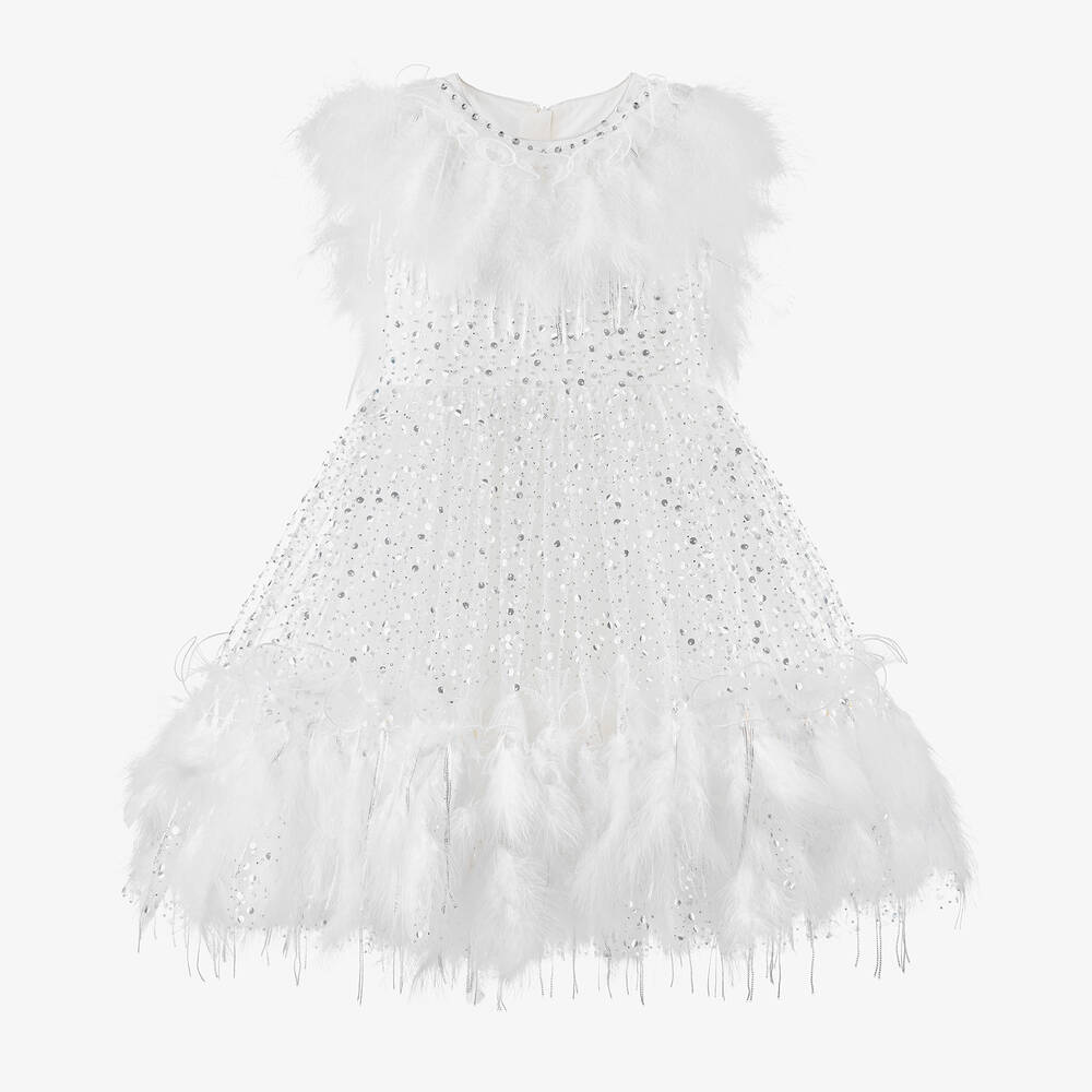 Junona - فستان تول لون أبيض مزين بترتر وريش | Childrensalon
