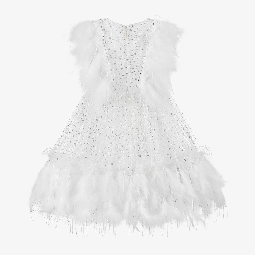 Junona - Girls White Sequin Feather Dress | Childrensalon