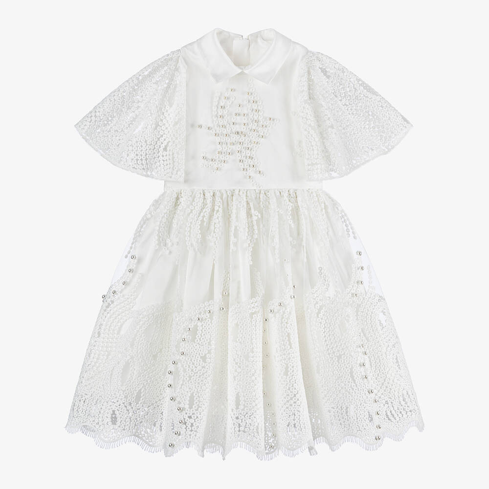 Junona - Girls White Tulle Pearl Dress | Childrensalon