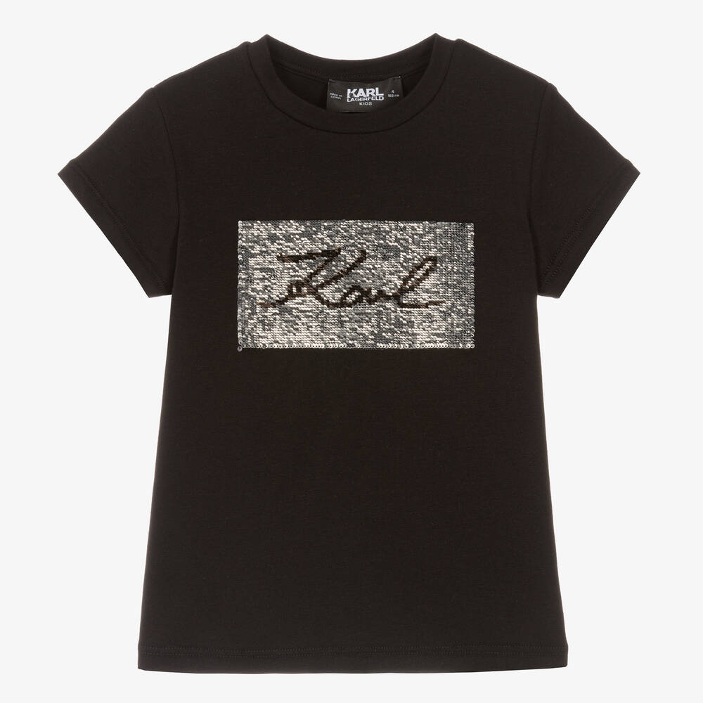 KARL LAGERFELD KIDS - Girls Black Cotton Karl Signature T-Shirt | Childrensalon