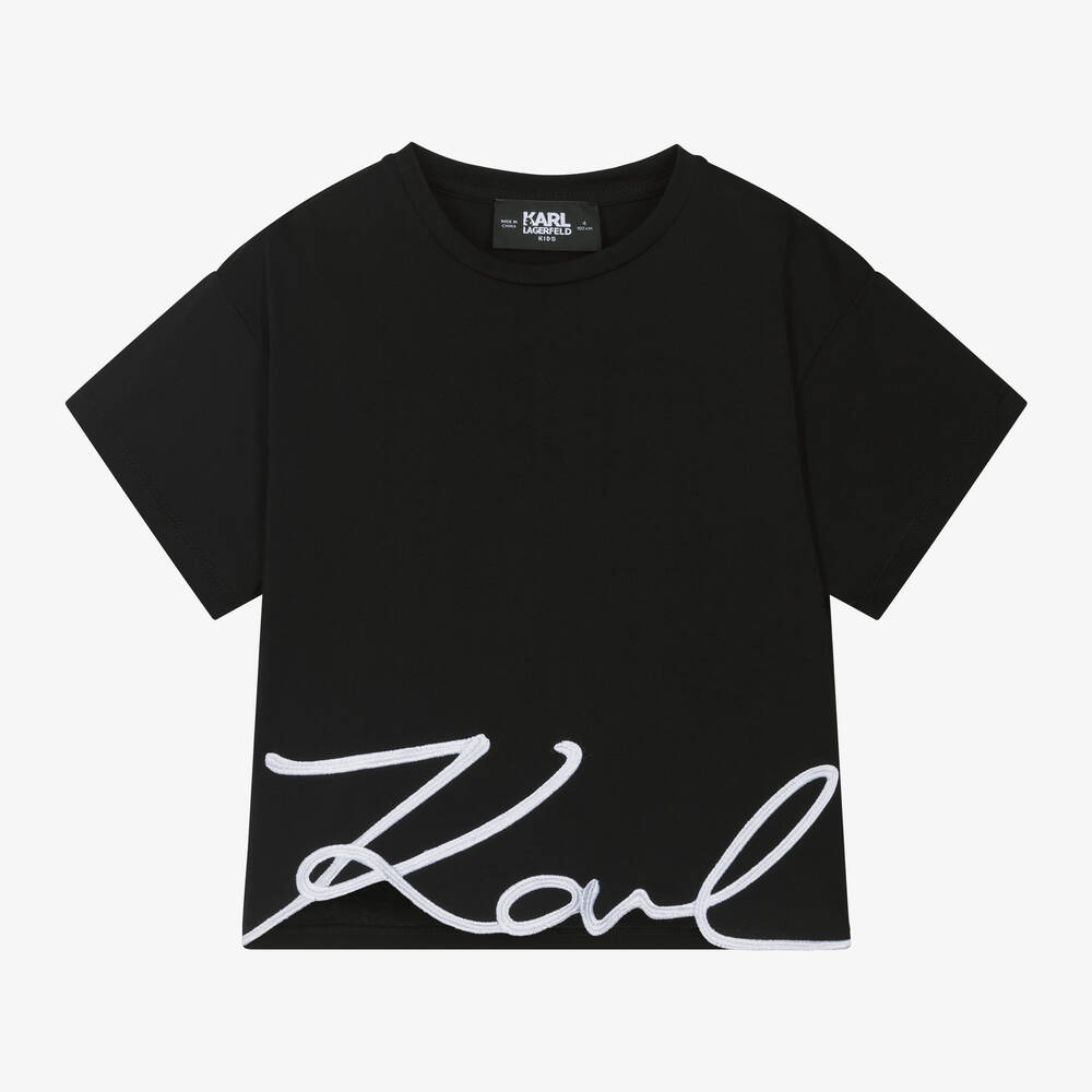 KARL LAGERFELD KIDS - Girls Black Cotton Signature Logo T-Shirt | Childrensalon