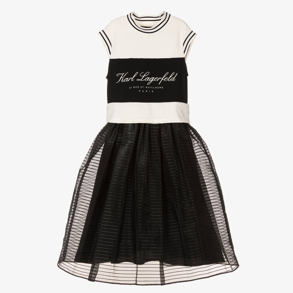 KARL LAGERFELD KIDS - Girls Black Milano Jersey & Organza Dress | Childrensalon