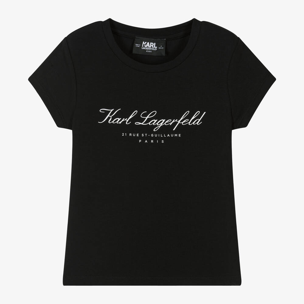 KARL LAGERFELD KIDS - Girls Black Organic Cotton T-Shirt | Childrensalon