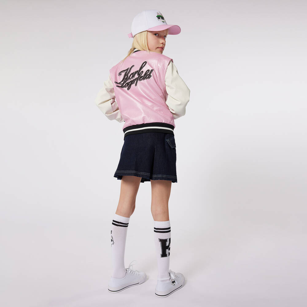 KARL LAGERFELD KIDS-Girls Metallic Pink Varsity Jacket | Childrensalon