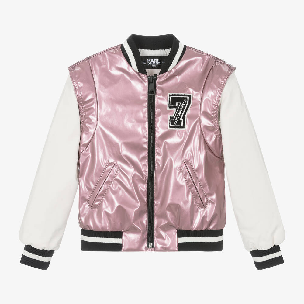 Karl Lagerfeld Kids Girls Metallic Pink Varsity Jacket