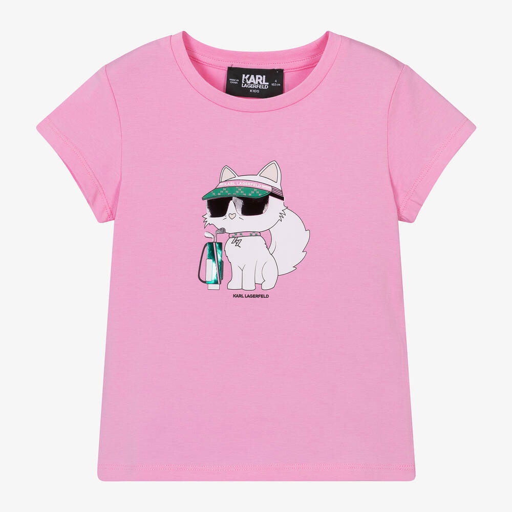 KARL LAGERFELD KIDS - Girls Pink Cotton Choupette T-Shirt | Childrensalon