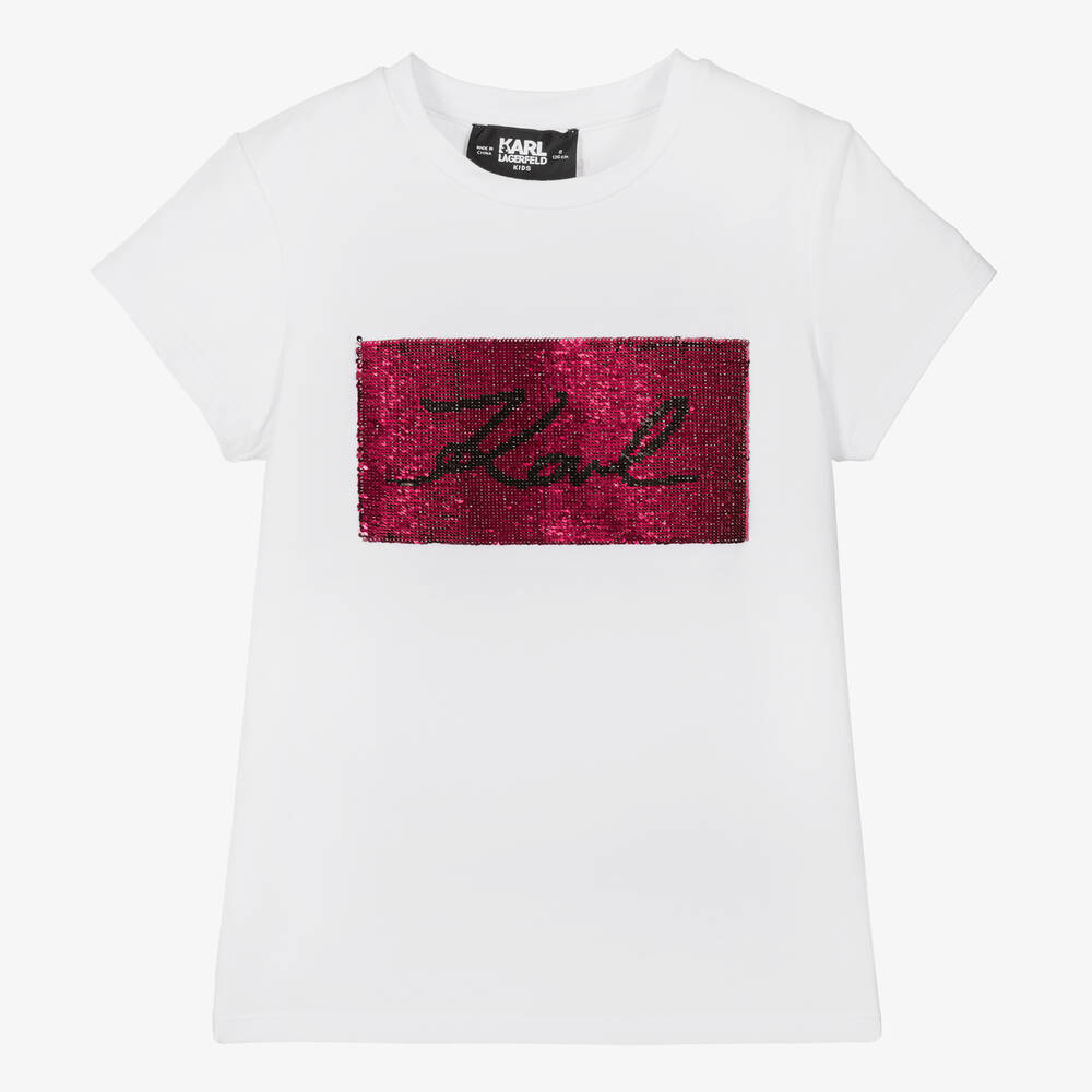 KARL LAGERFELD KIDS - Girls White Cotton Karl Signature T-Shirt | Childrensalon