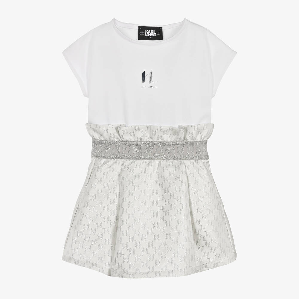 KARL LAGERFELD KIDS - Girls White Cotton & KL Jacquard Dress | Childrensalon