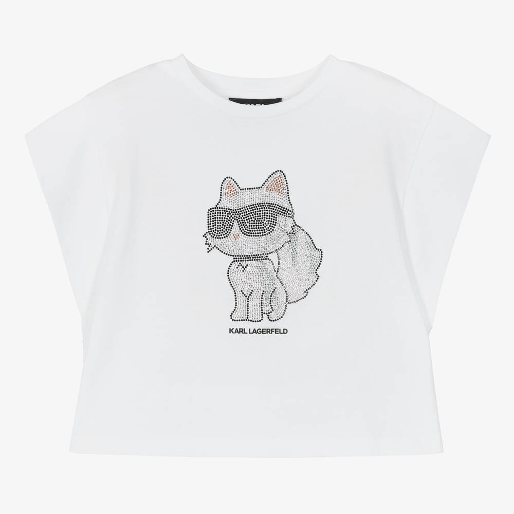 KARL LAGERFELD KIDS - Teen Girls White Rhinestone Choupette T-Shirt | Childrensalon