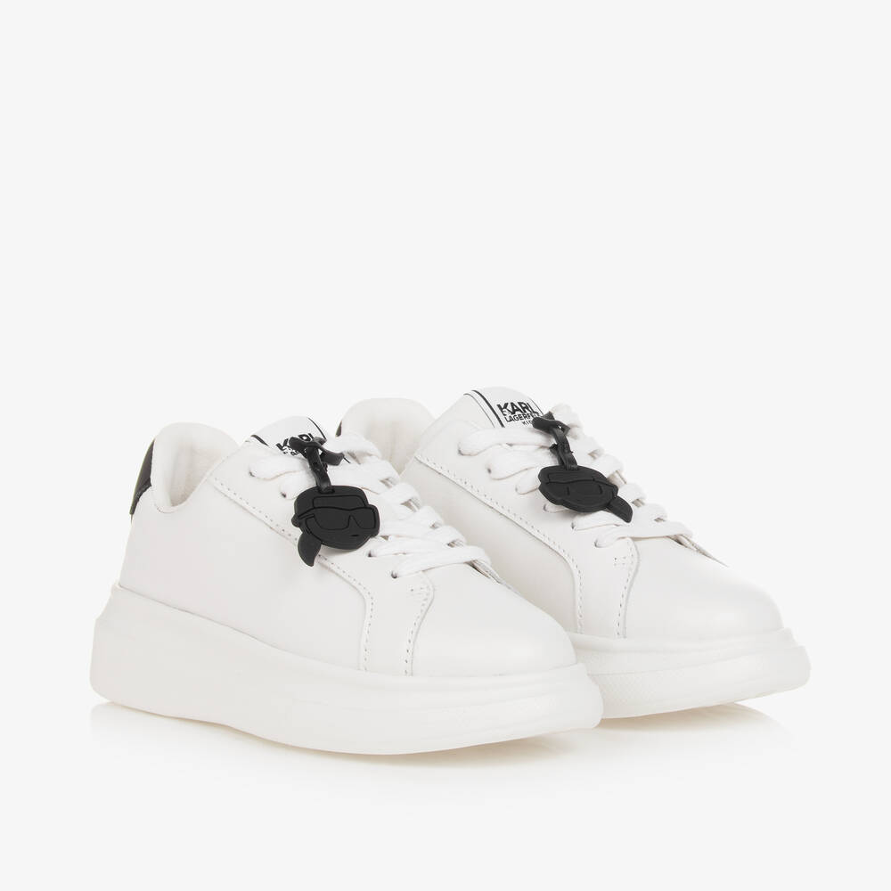Shop Karl Lagerfeld Kids White Leather Lace-up Trainers