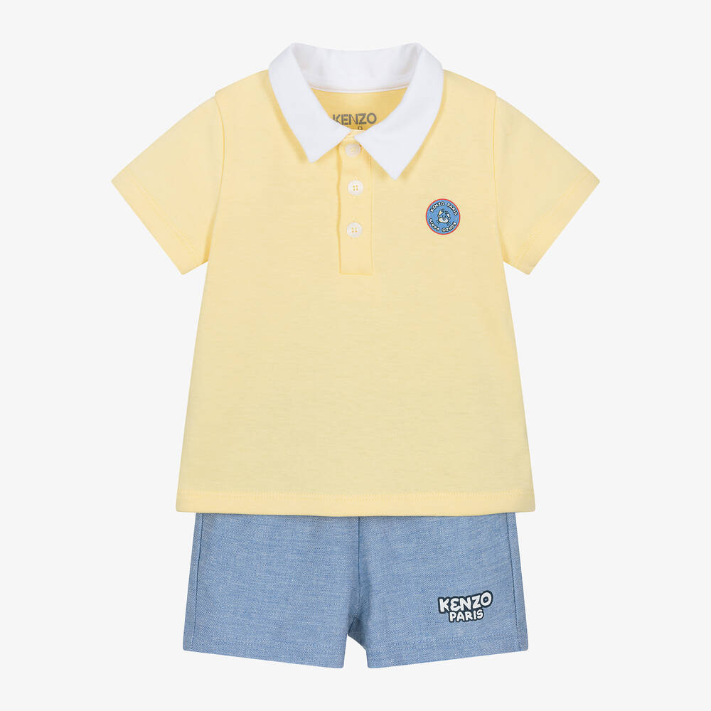 KENZO KIDS - طقم شورت قطن وكتان لون أزرق وأصفر للمواليد | Childrensalon