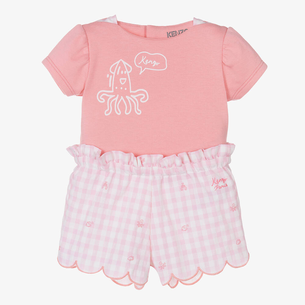 Shop Kenzo Kids Baby Girls Pink Gingham Cotton Shorts Set