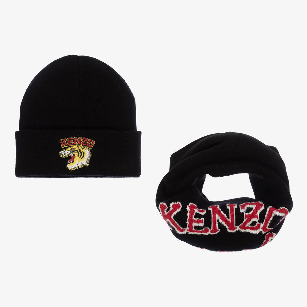 KENZO KIDS - Black Knitted Hat & Scarf Set | Childrensalon