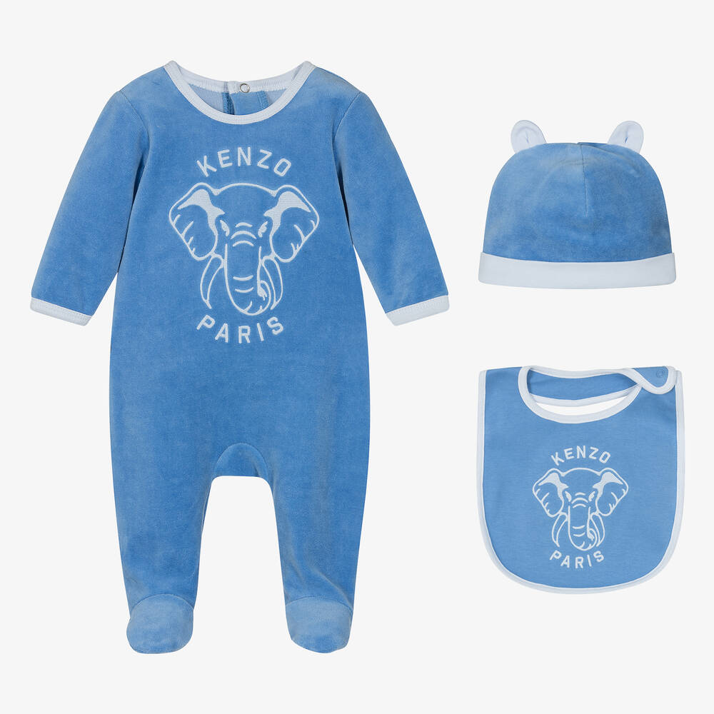 KENZO KIDS - Blue Velour Elephant Babysuit Set | Childrensalon