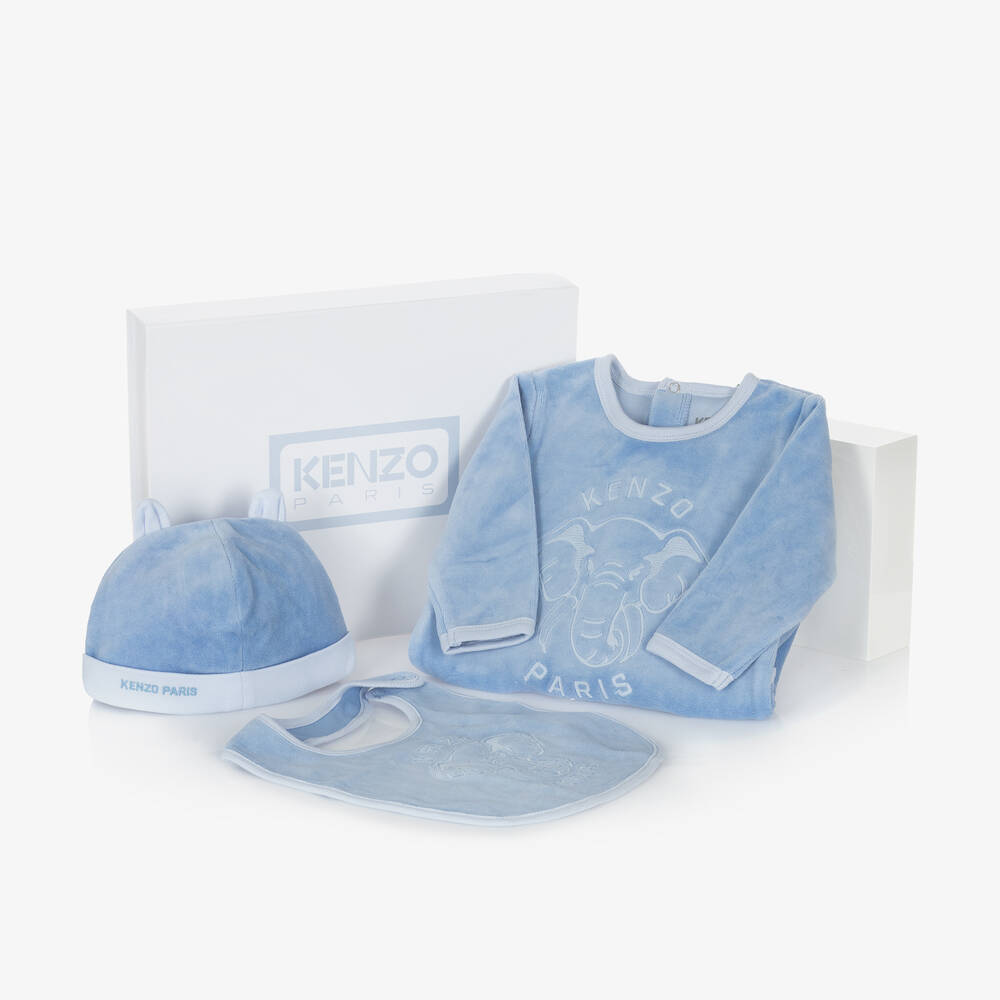 KENZO KIDS - Blue Velour Elephant Babysuit Set | Childrensalon