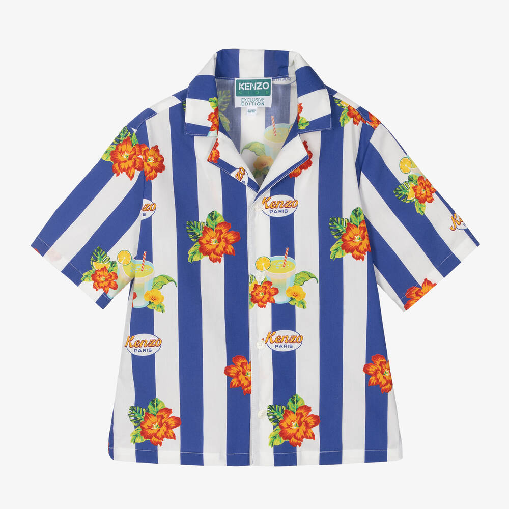 KENZO KIDS - قميص قطن مقلم لون أزرق للأولاد | Childrensalon