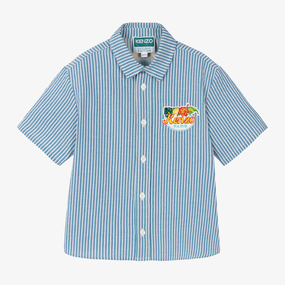 KENZO KIDS - قميص مقلم مزيج قطن لون أزرق وأبيض للأولاد | Childrensalon
