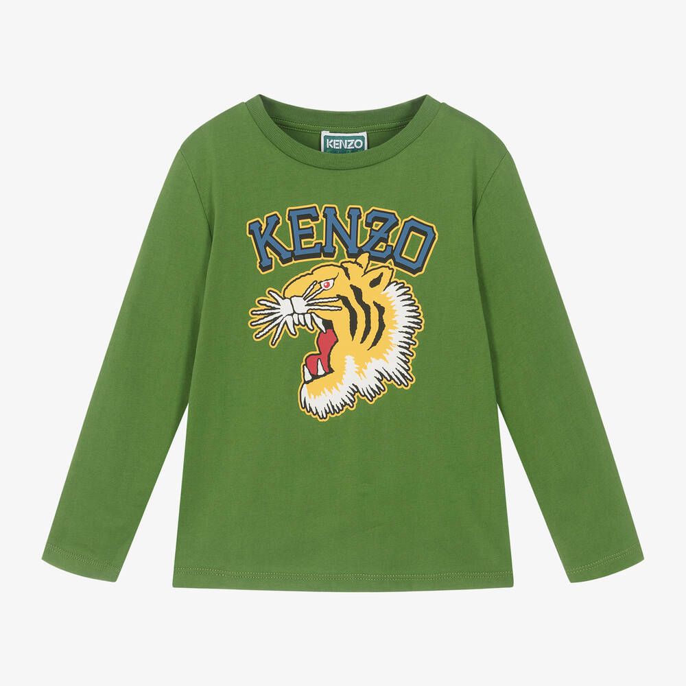 KENZO KIDS - تيشيرت بطبعة فارسيتي نمر قطن لون أخضر للاولاد | Childrensalon