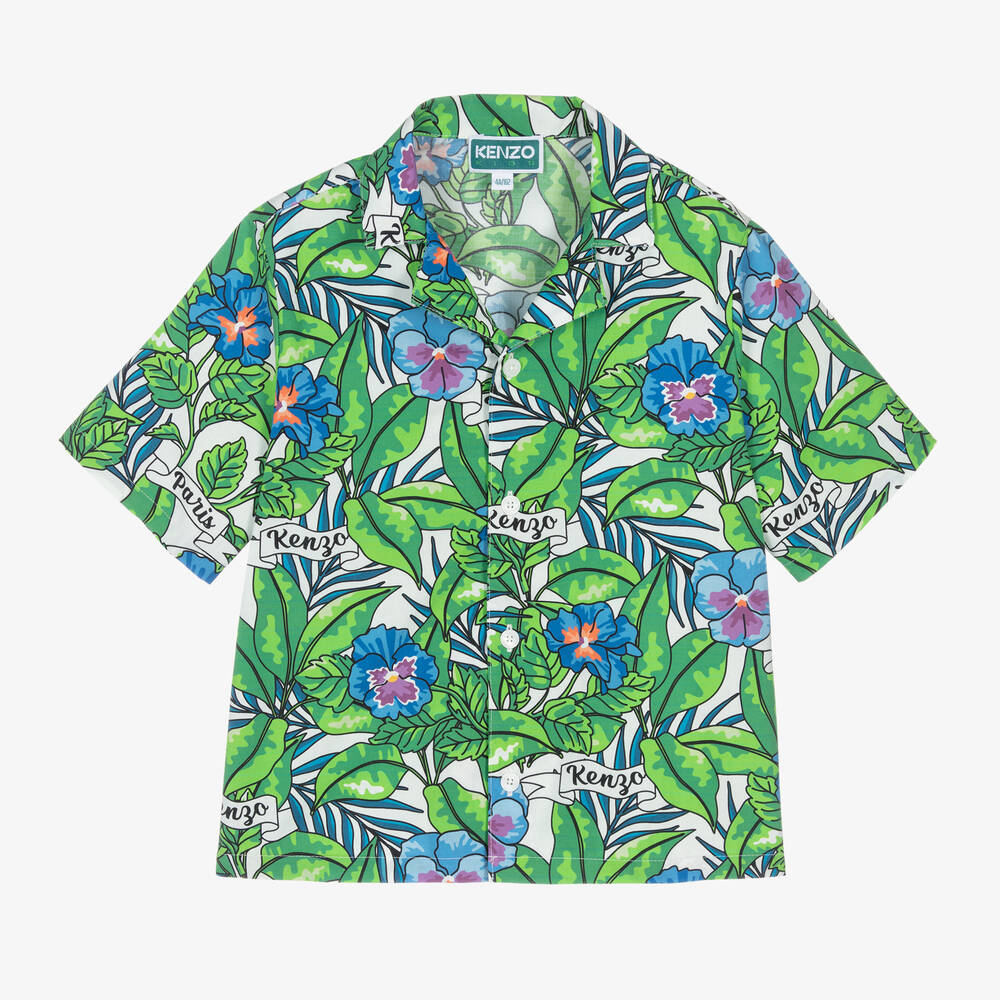 KENZO KIDS - Boys Green Flower Print Cotton Shirt | Childrensalon