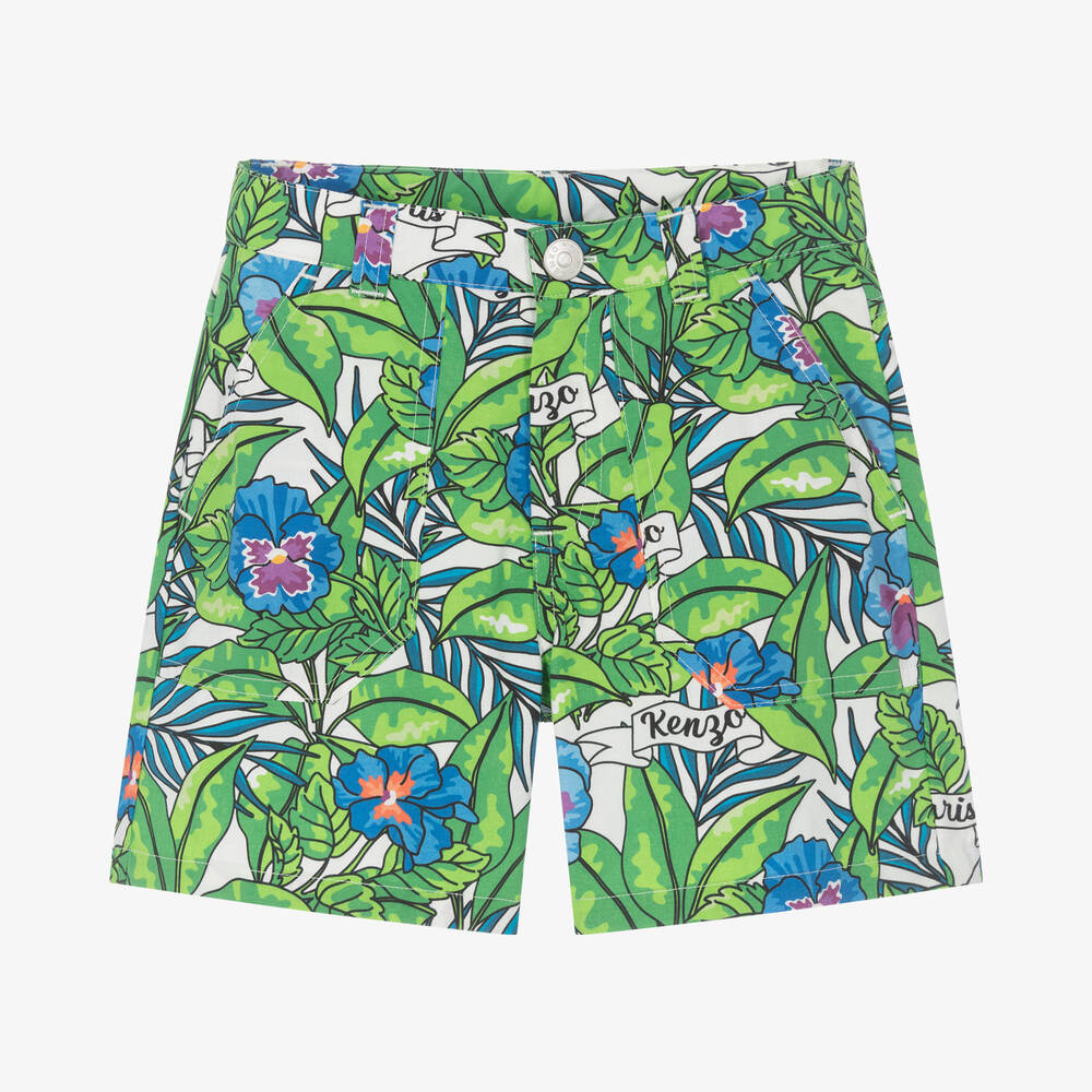 Kenzo Kids Boys Green Flower Print Cotton Shorts