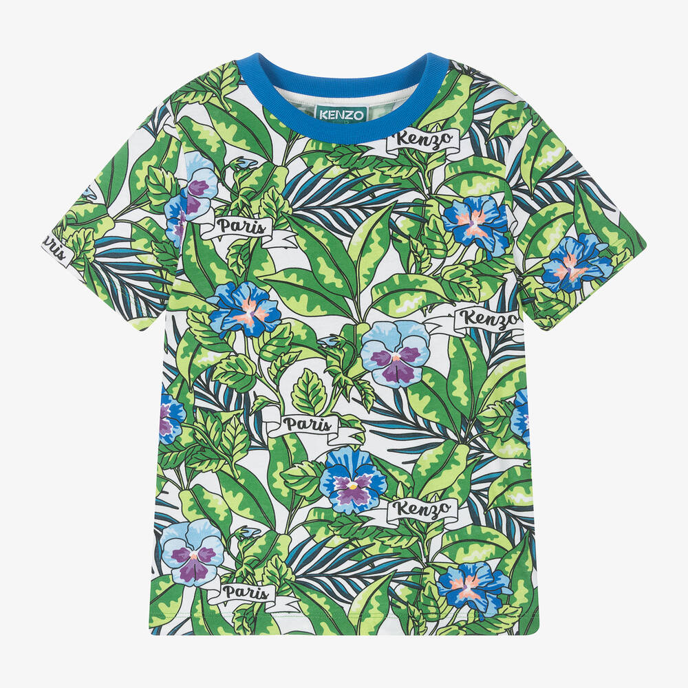 KENZO KIDS - Boys Green Flower Print Cotton T-Shirt | Childrensalon