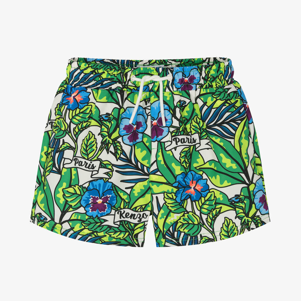 KENZO KIDS - Boys Green Flower Print Swim Shorts | Childrensalon